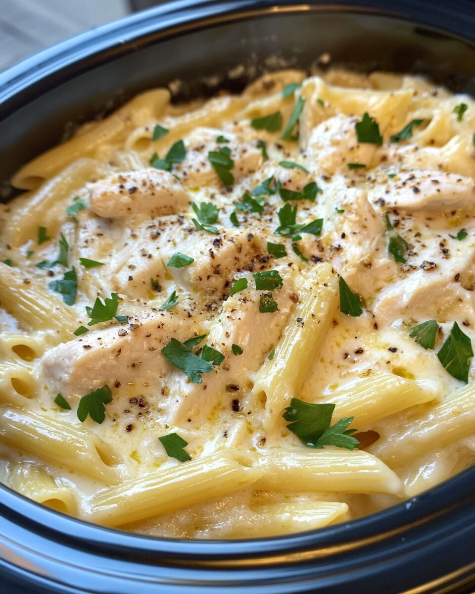 Crockpot Garlic Parmesan Chicken Pasta