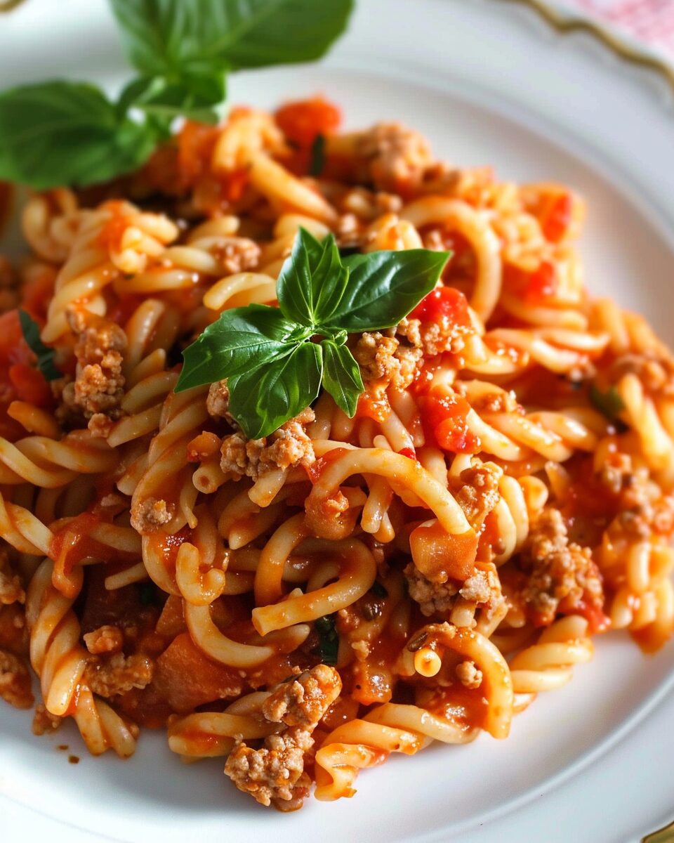 Cellentani Pasta with Ground Turkey and Tomato Sauce