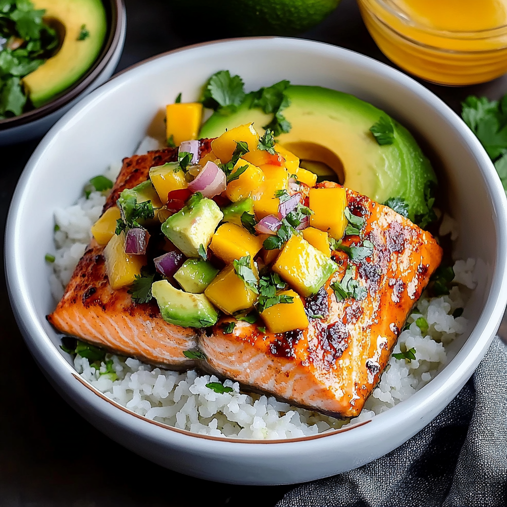 Chili Crisp Salmon Bowl with Avocado Mango Salsa