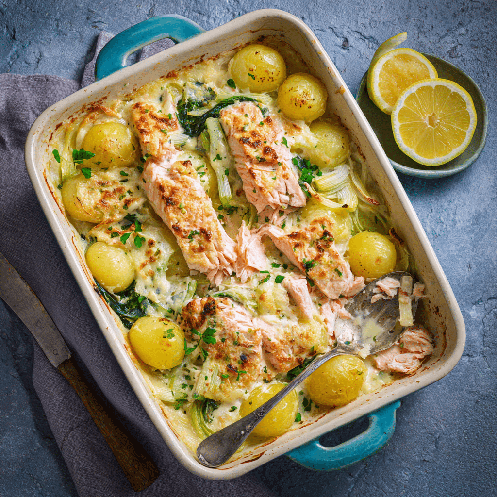 Creamy Salmon, Leek & Potato Traybake