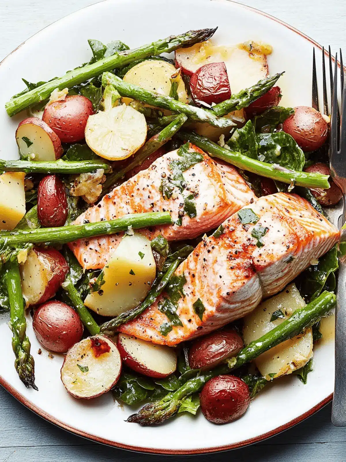 Lemon-Roasted Salmon With Escarole, Asparagus, and Potatoes