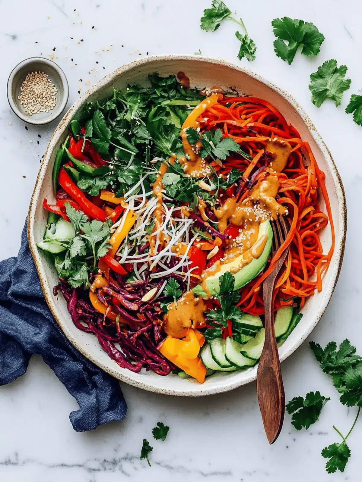 Raw Rainbow Veggie Noodle Salad with Peanut Dressing