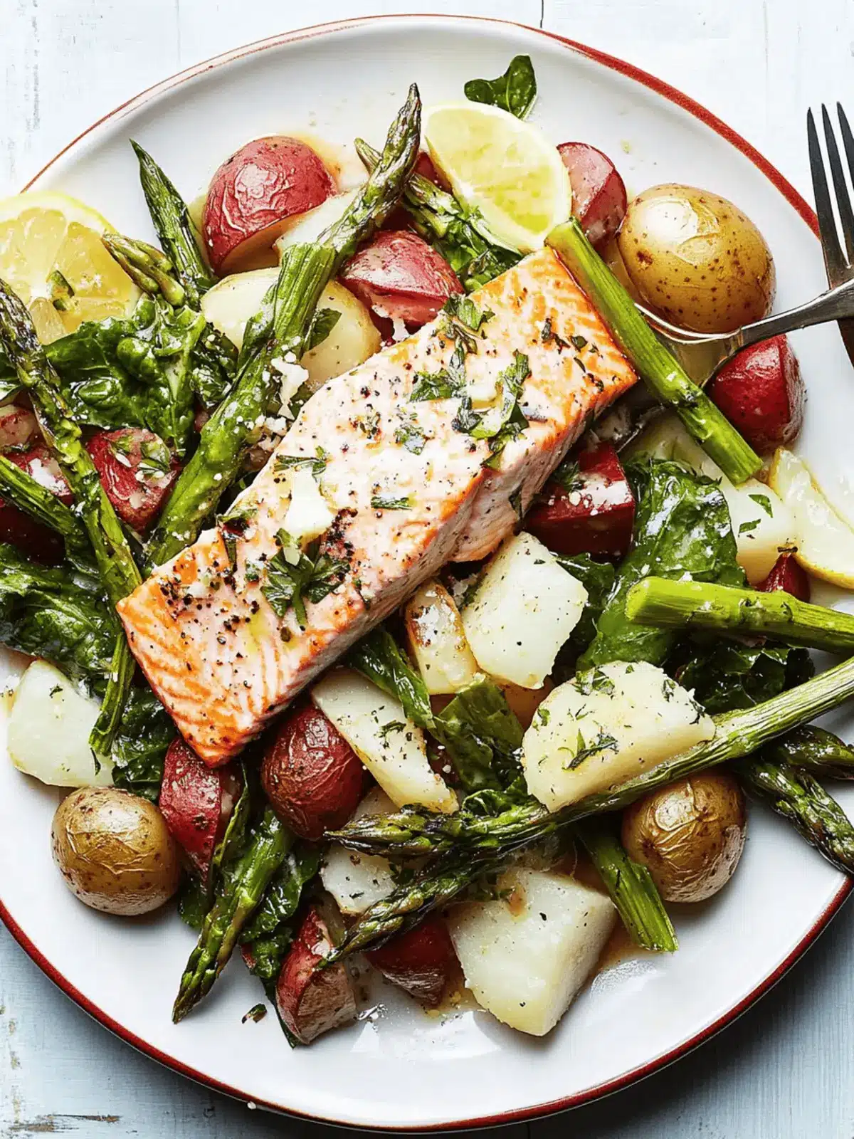 Lemon-Roasted Salmon With Escarole, Asparagus, and Potatoes