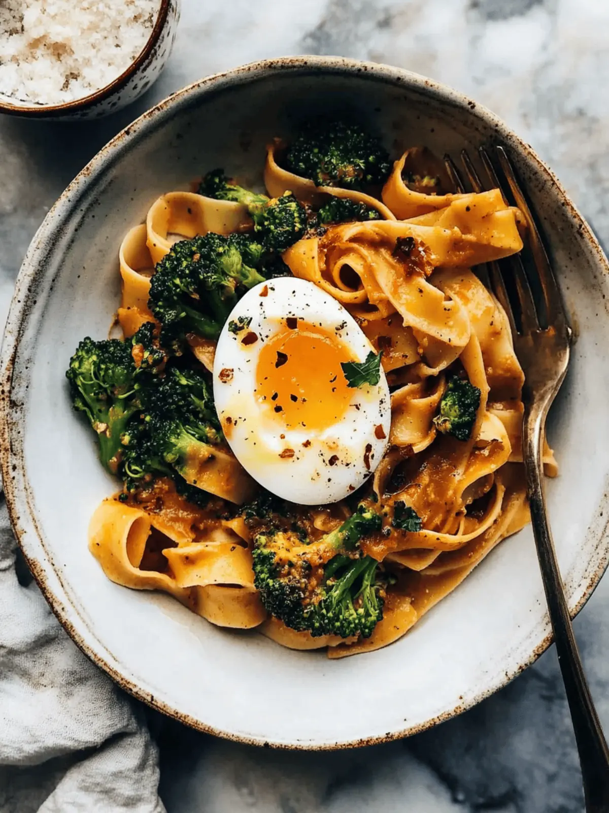 FALL: Chili Garlic Pappardelle with Smashed Broccoli and Soft Eggs