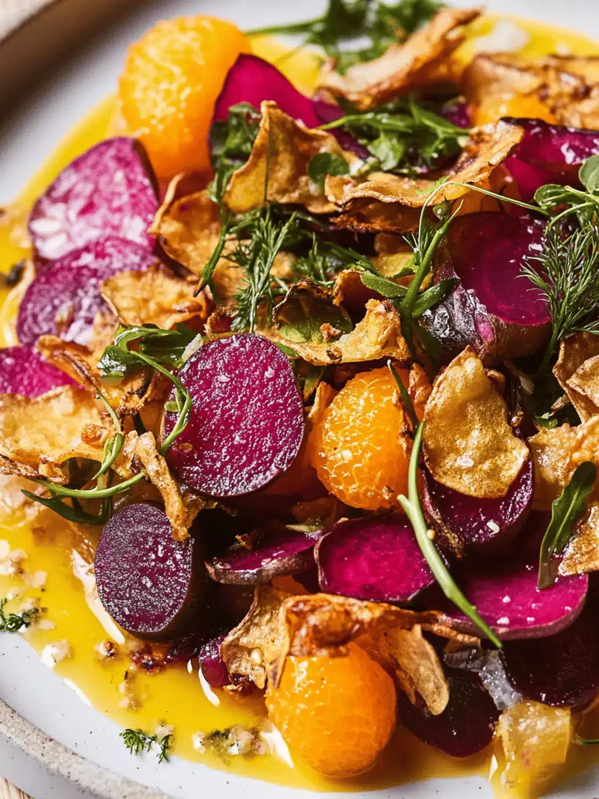 Roasted Beets With Crispy Sunchokes and Pickled Orange-Ginger Purée