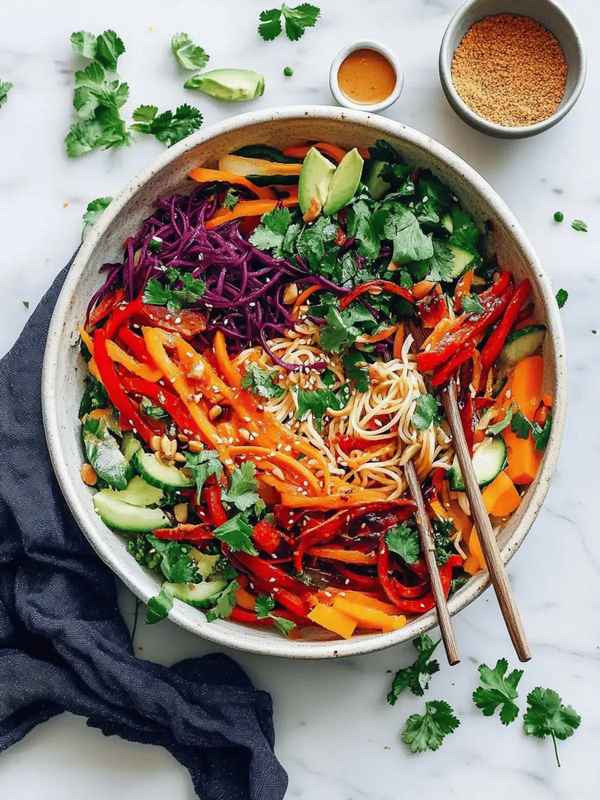 Raw Rainbow Veggie Noodle Salad with Peanut Dressing