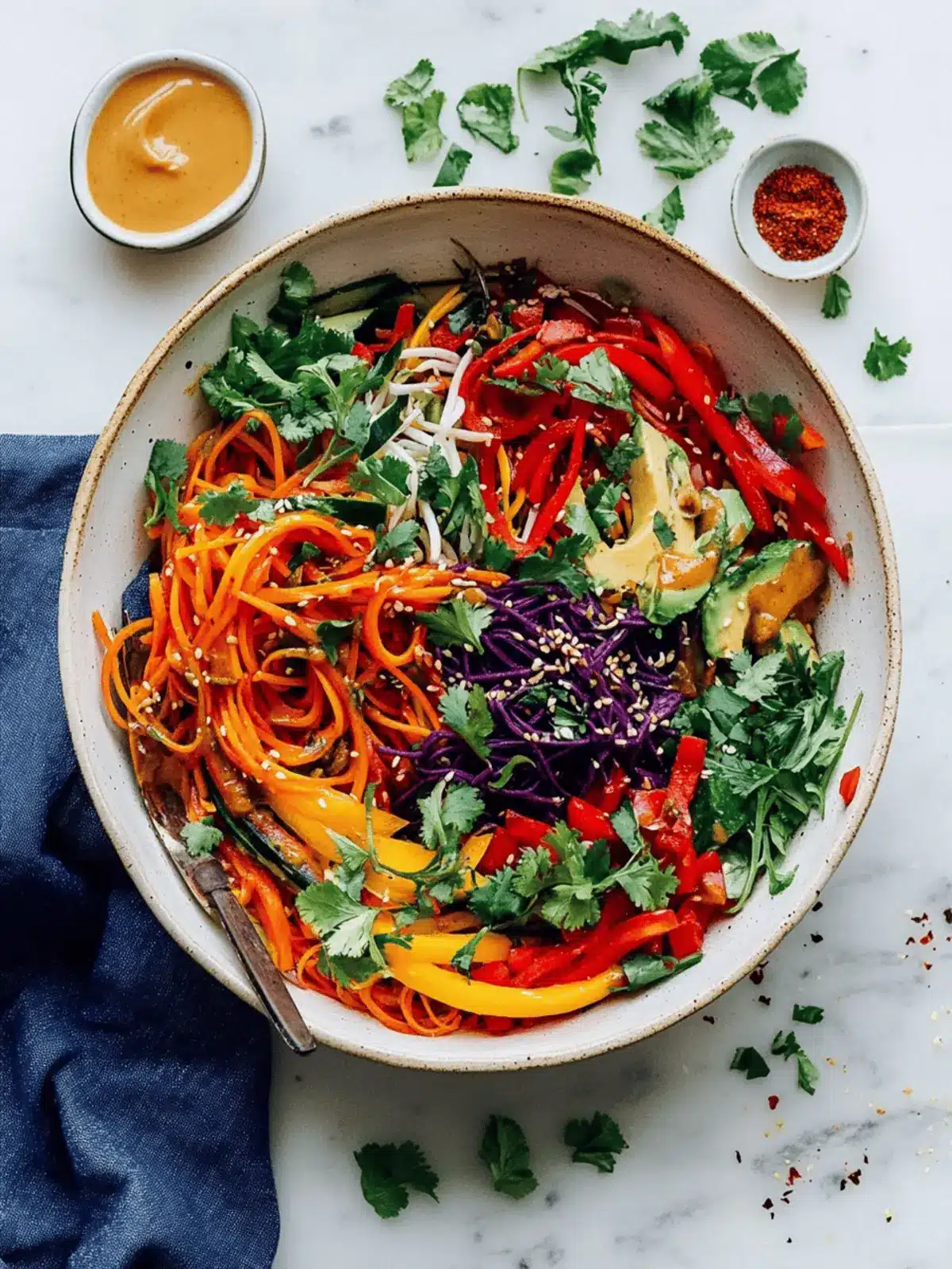 Raw Rainbow Veggie Noodle Salad with Peanut Dressing