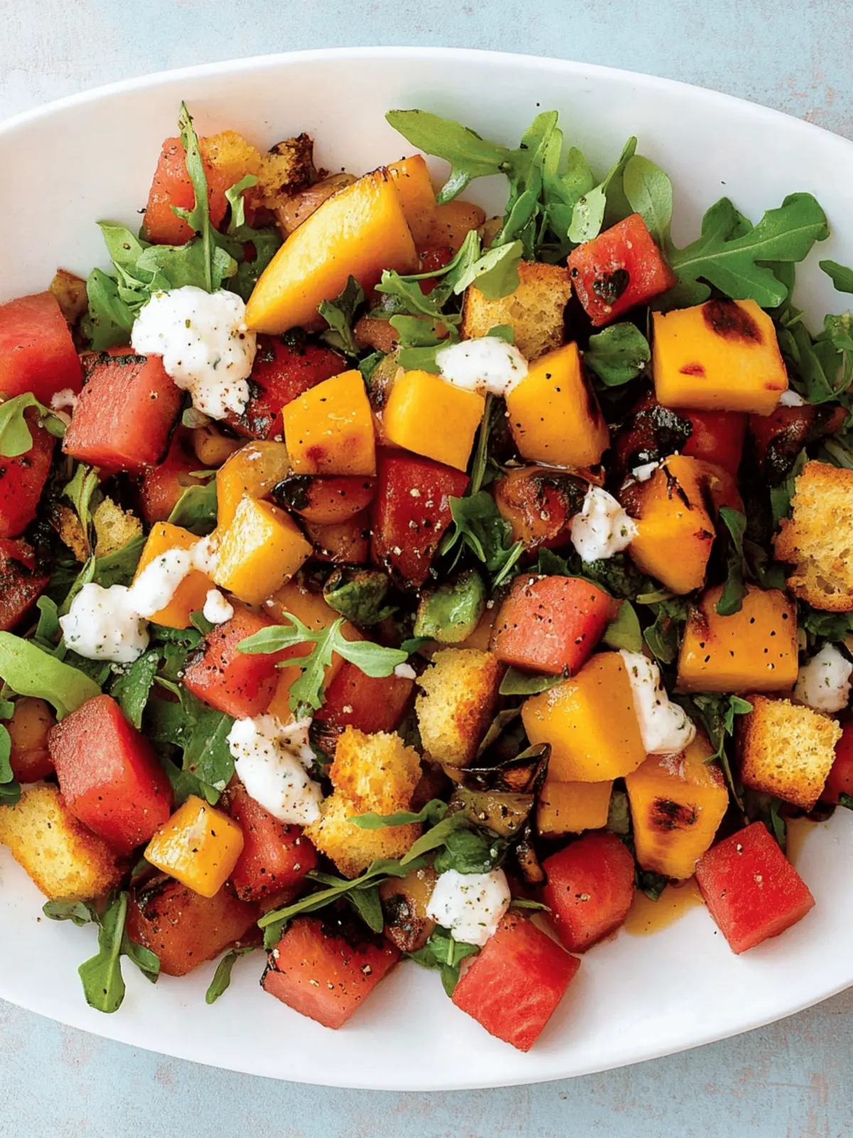 Grilled Watermelon Salad With Lime Mango Dressing and Cornbread Croutons