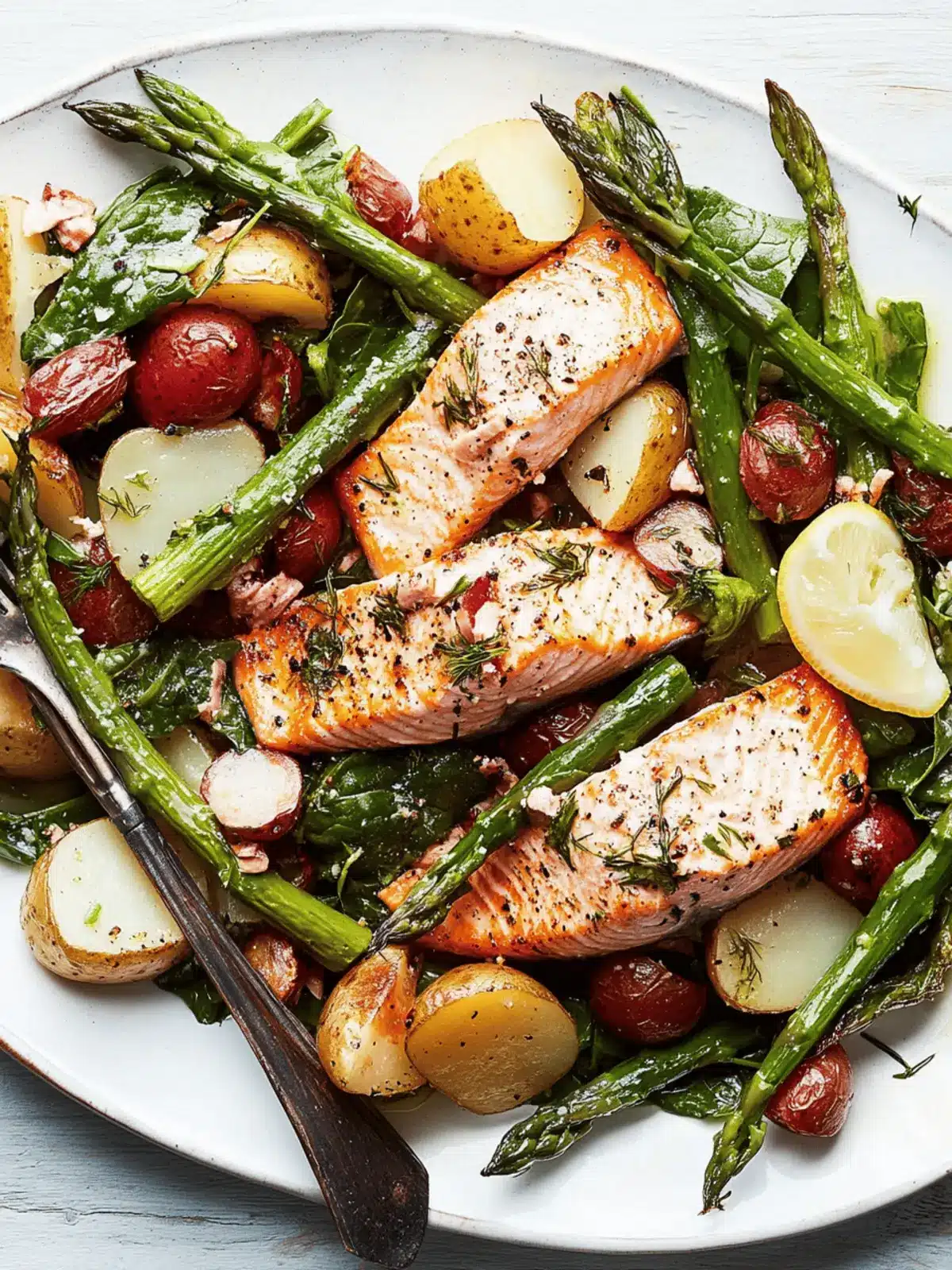 Lemon-Roasted Salmon With Escarole, Asparagus, and Potatoes