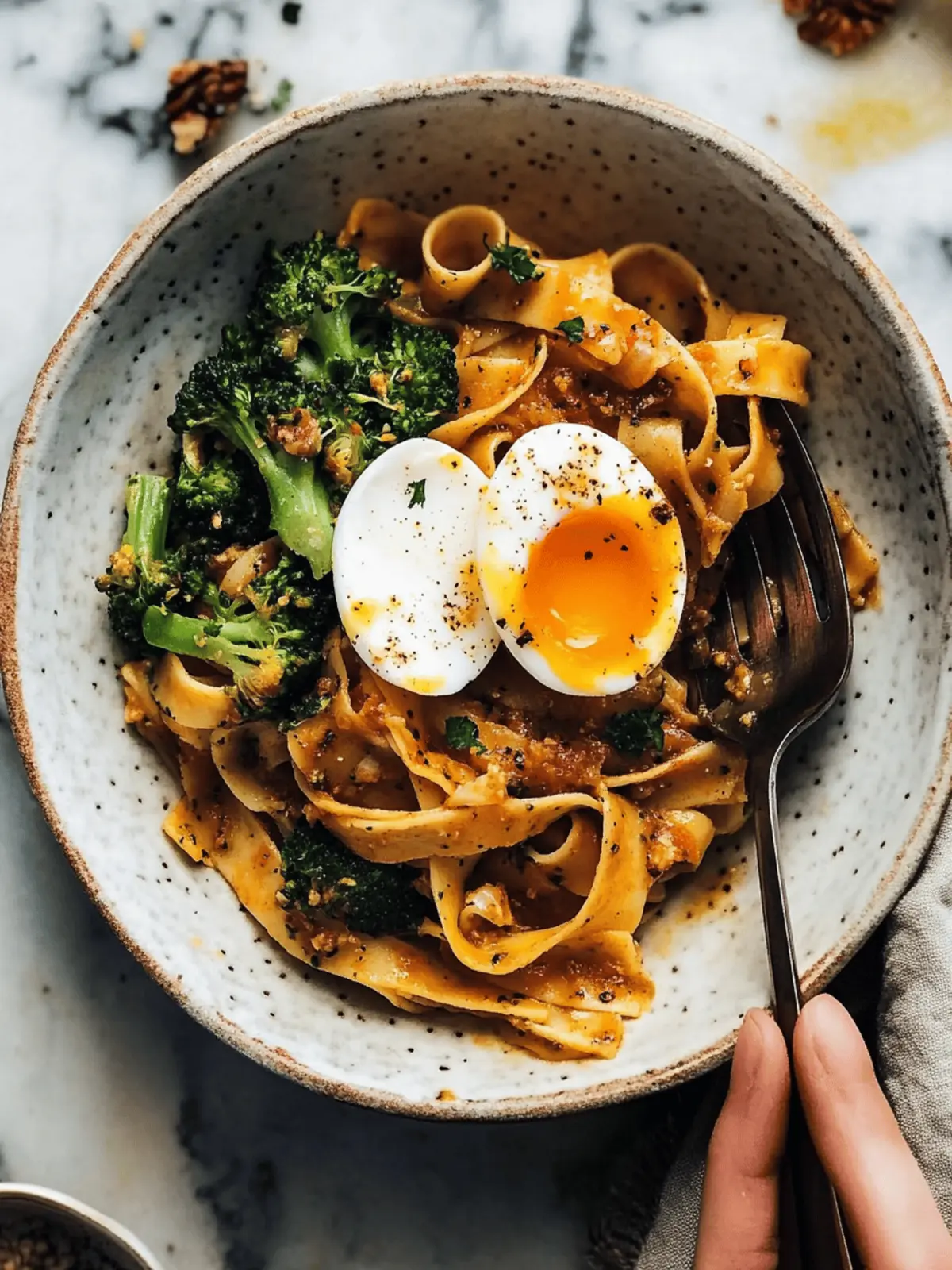 FALL: Chili Garlic Pappardelle with Smashed Broccoli and Soft Eggs