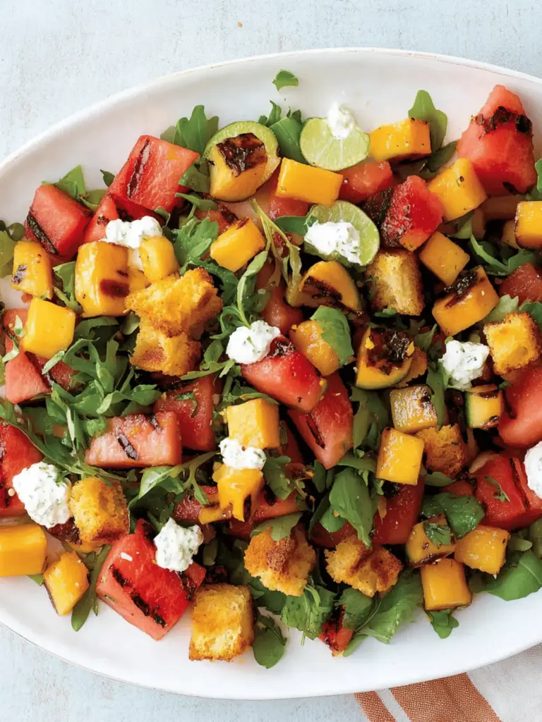 Grilled Watermelon Salad With Lime Mango Dressing and Cornbread Croutons