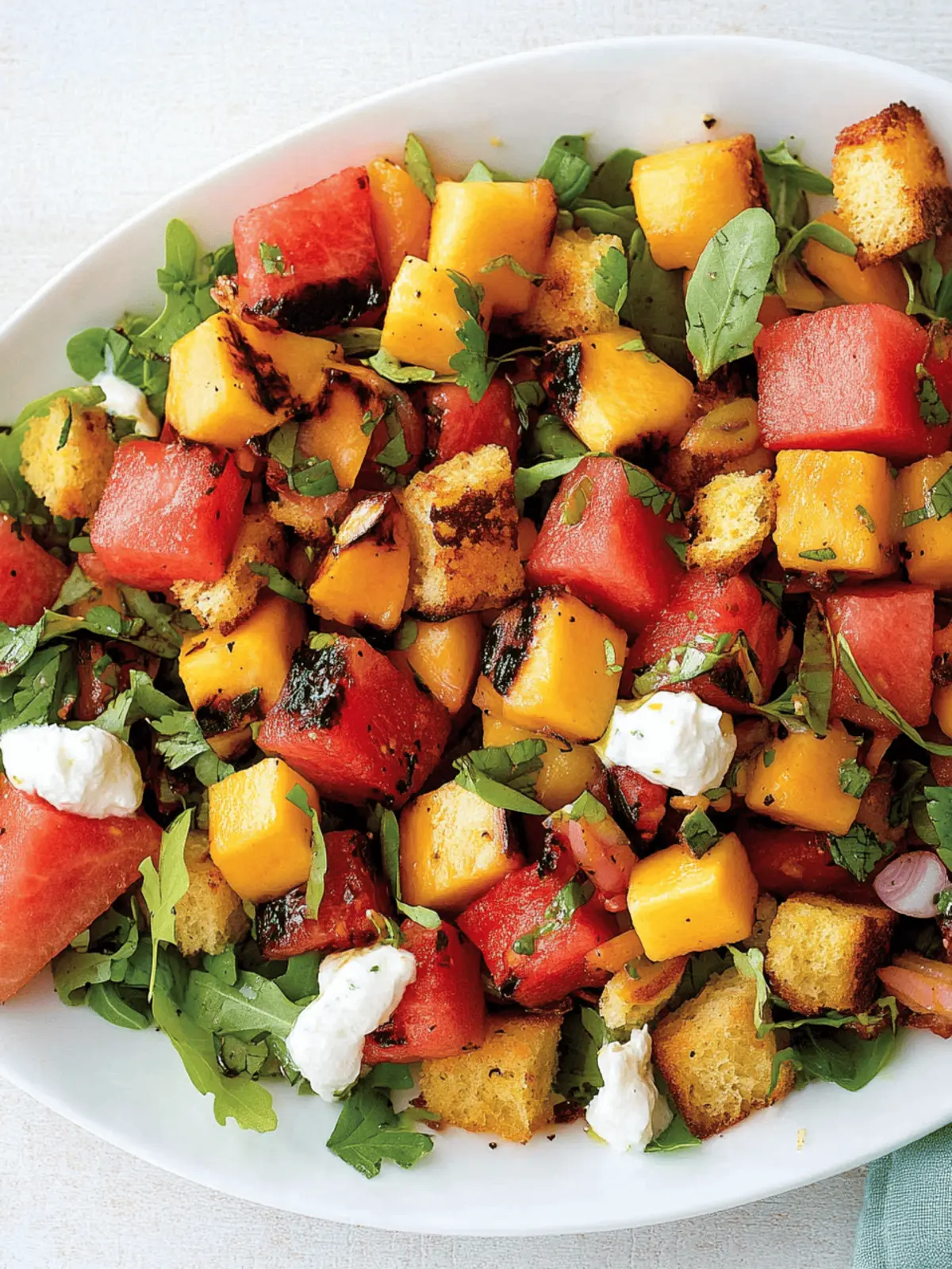 Grilled Watermelon Salad With Lime Mango Dressing and Cornbread Croutons