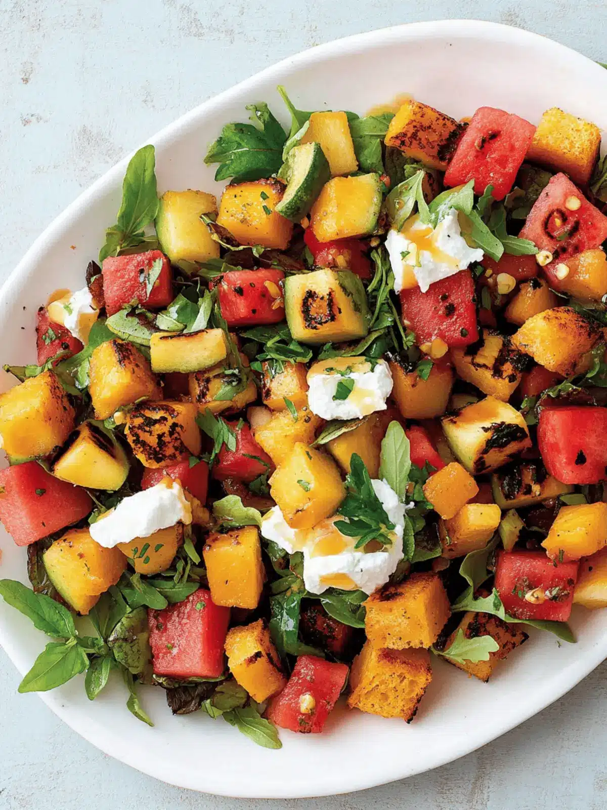 Grilled Watermelon Salad With Lime Mango Dressing and Cornbread Croutons