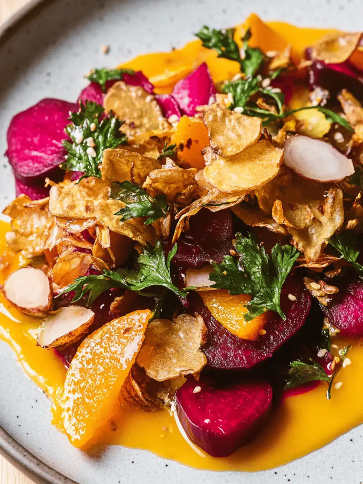 Roasted Beets With Crispy Sunchokes and Pickled Orange-Ginger Purée