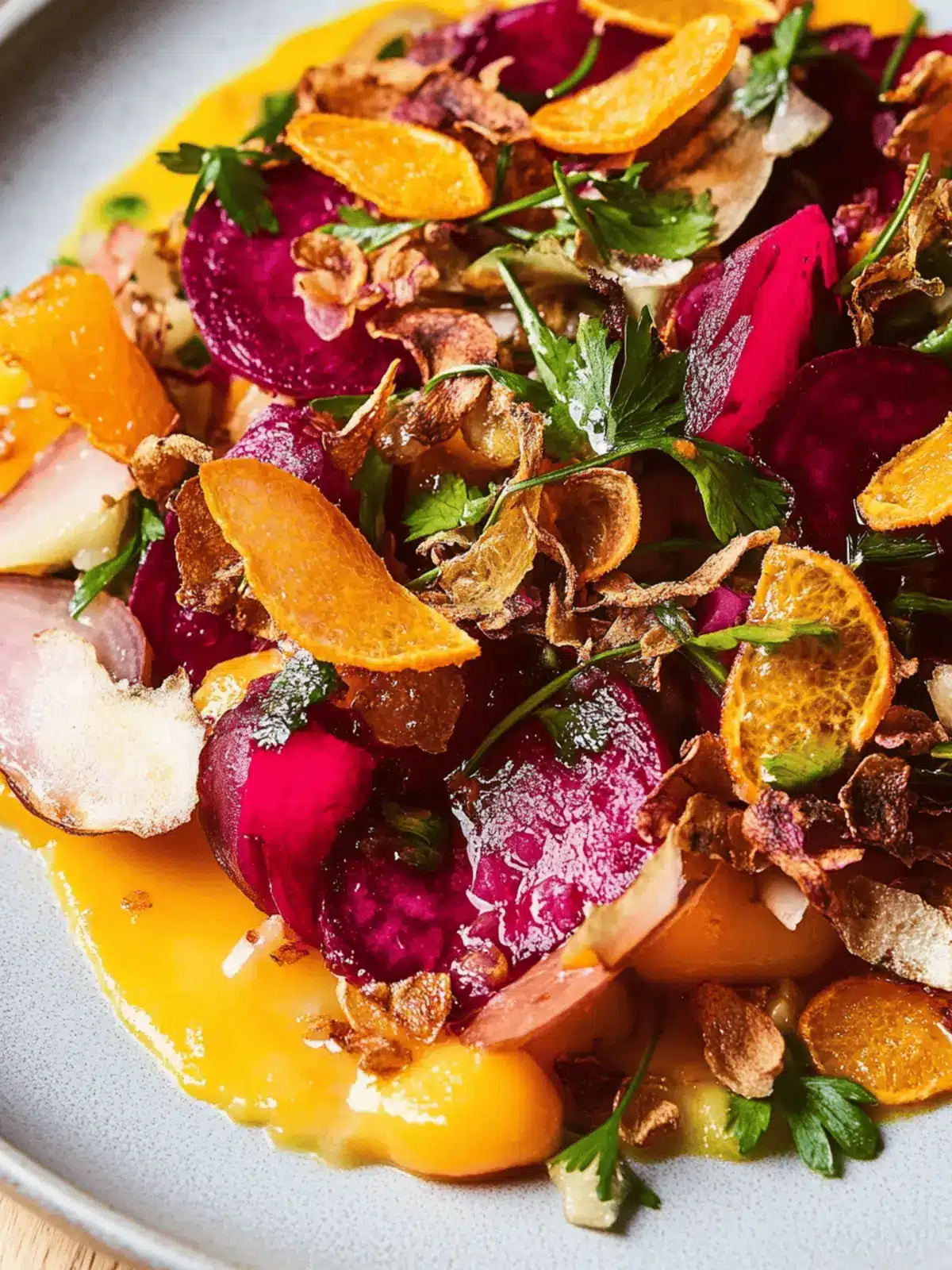 Roasted Beets With Crispy Sunchokes and Pickled Orange-Ginger Purée