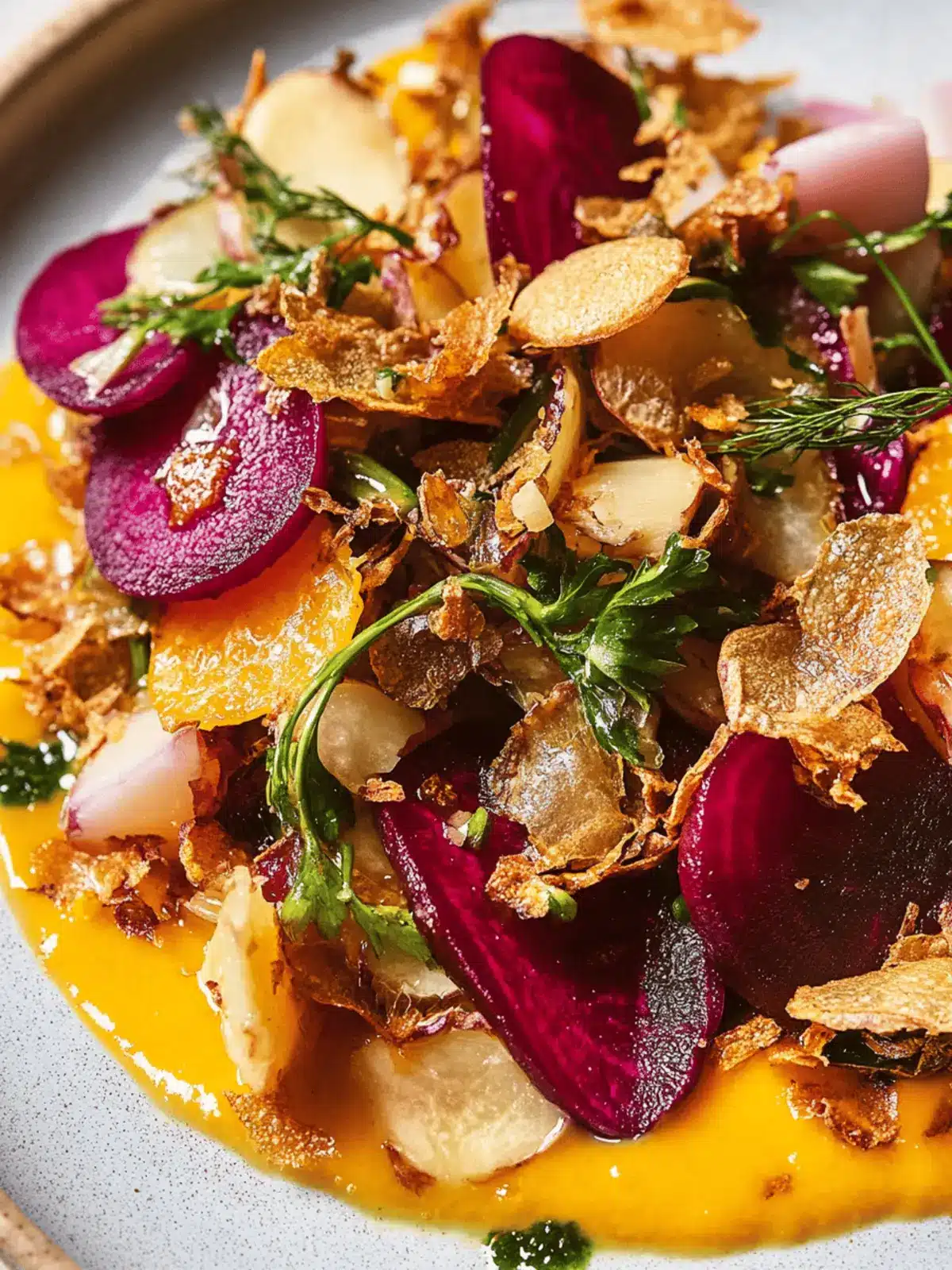 Roasted Beets With Crispy Sunchokes and Pickled Orange-Ginger Purée