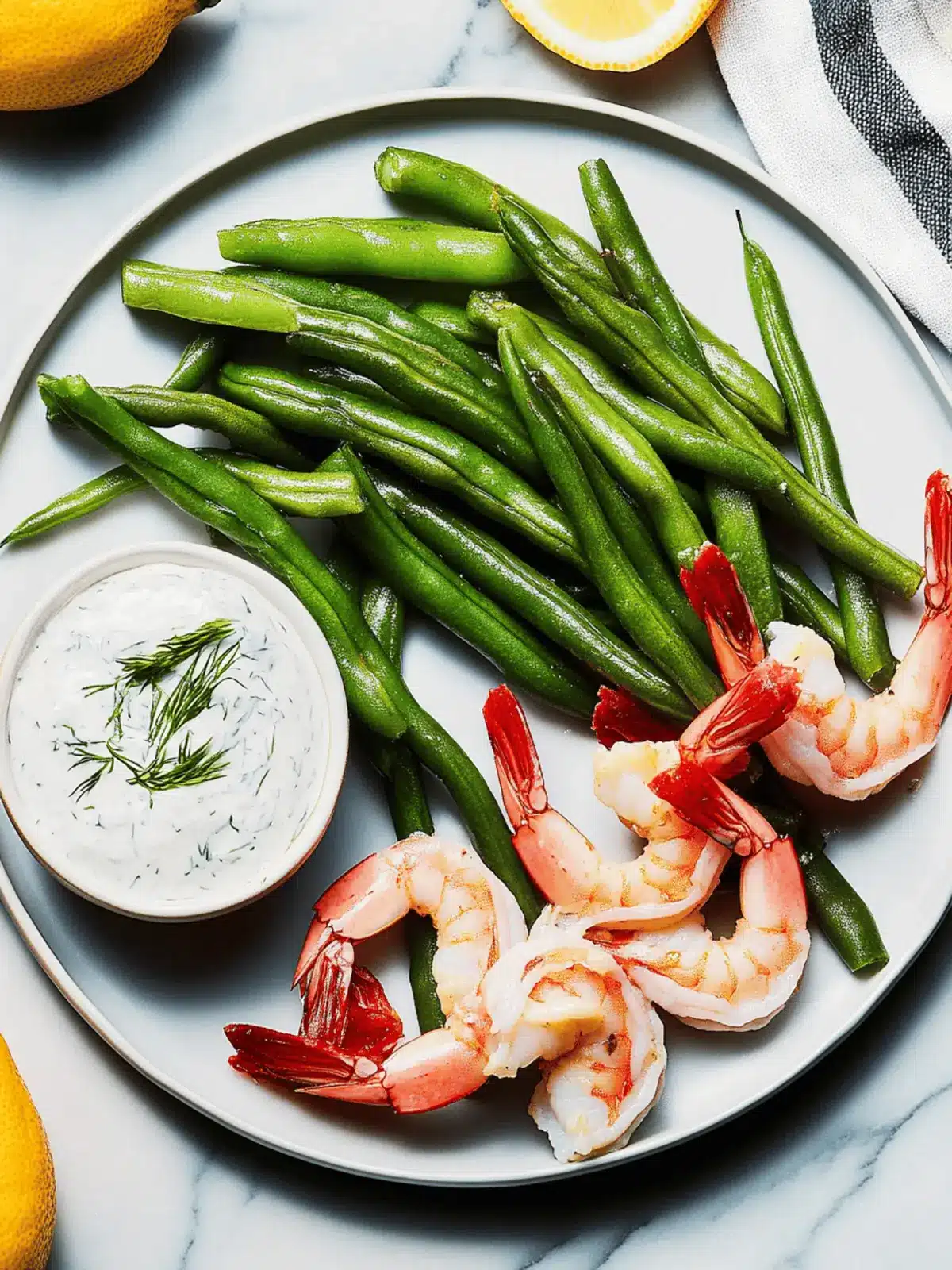 10-Minute Shrimp With Green Beans and Creamy Lemon-Dill Dip