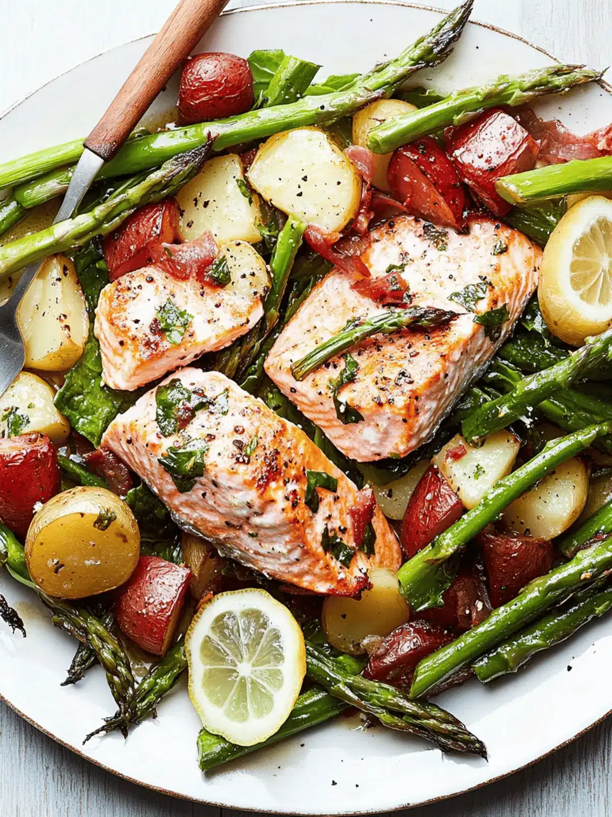 Lemon-Roasted Salmon With Escarole, Asparagus, and Potatoes