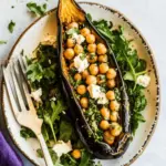 Roasted Eggplant with Crispy Chickpea Arugula Salad