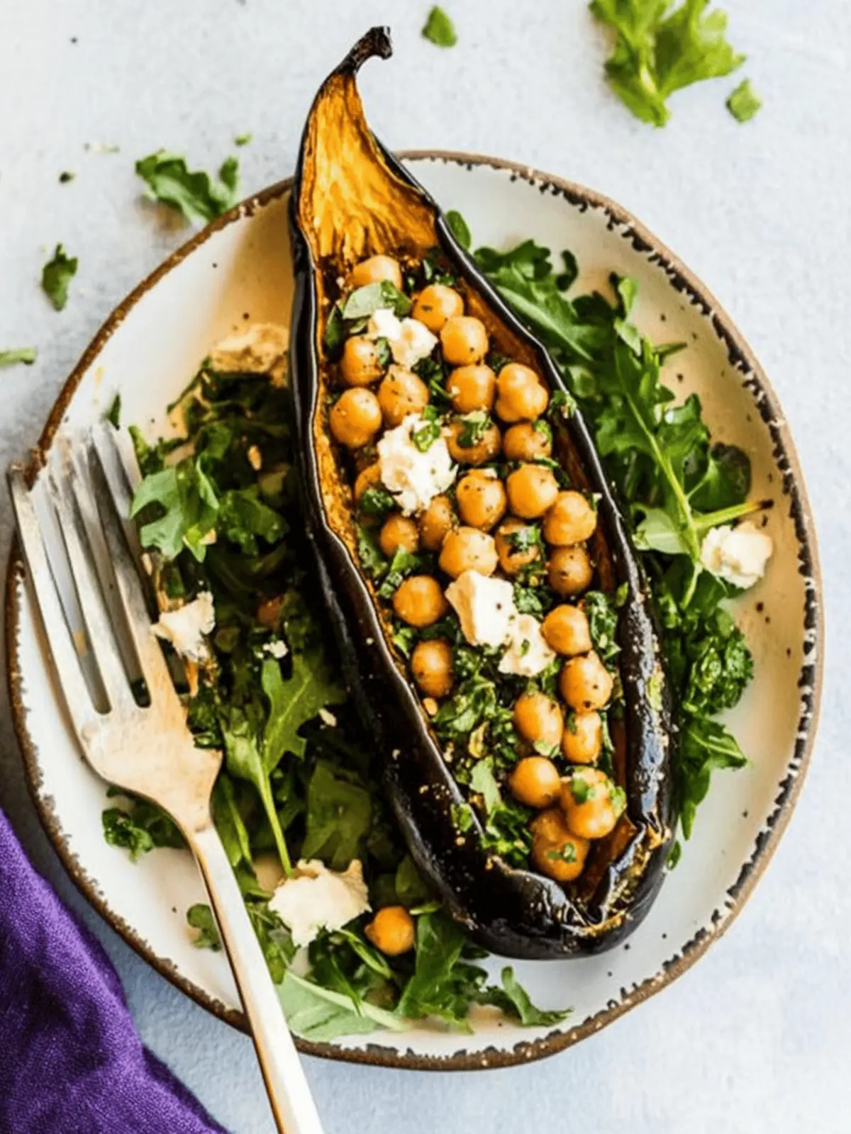 Roasted Eggplant with Crispy Chickpea Arugula Salad