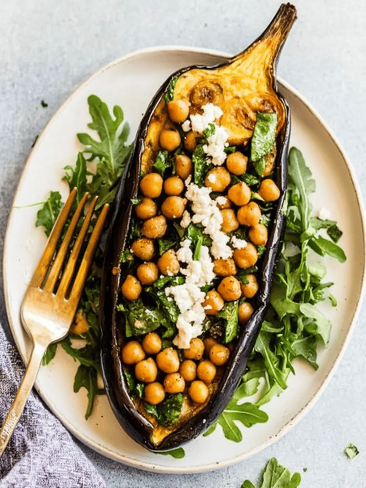 Roasted Eggplant with Crispy Chickpea Arugula Salad