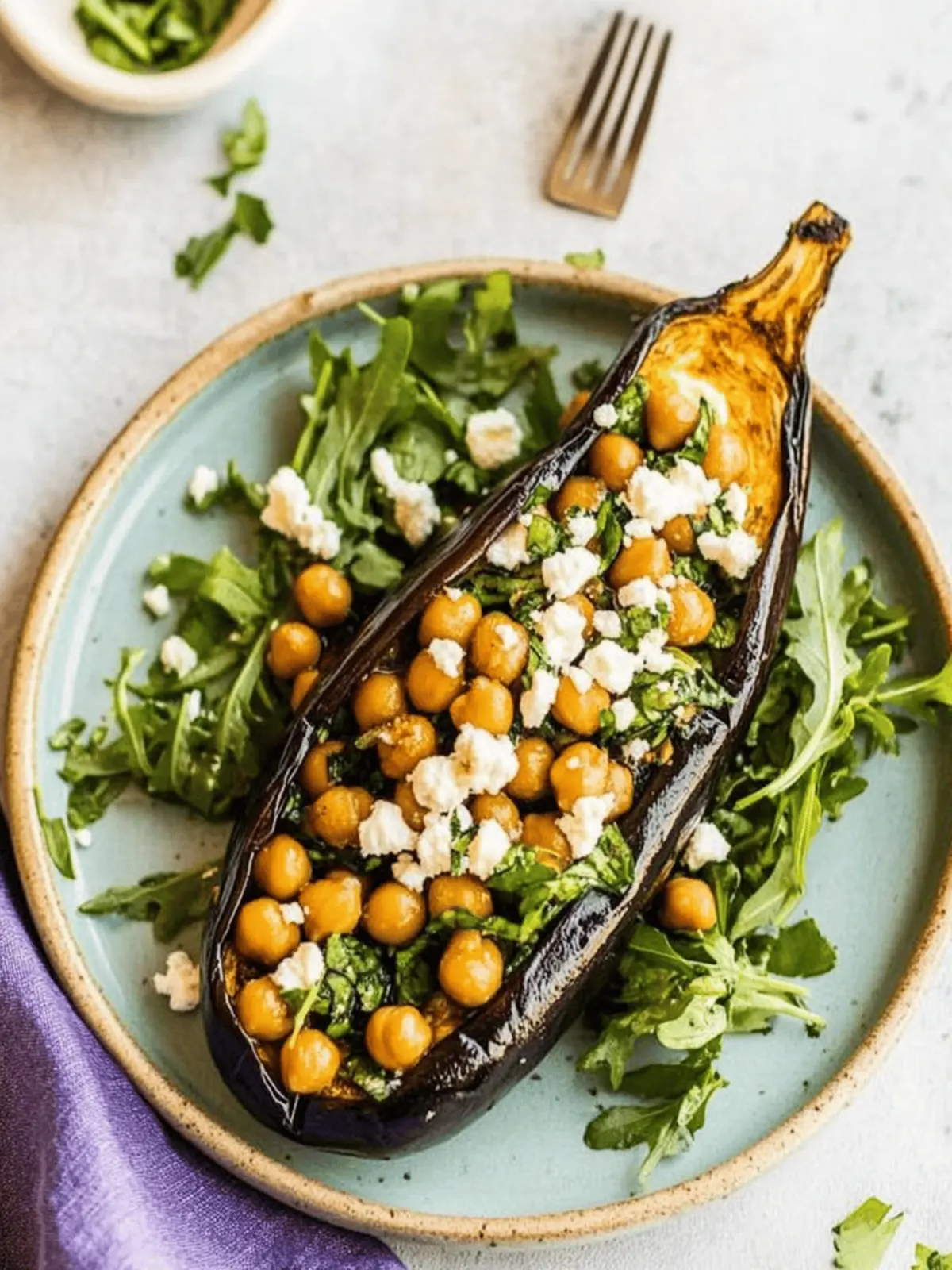 Roasted Eggplant with Crispy Chickpea Arugula Salad