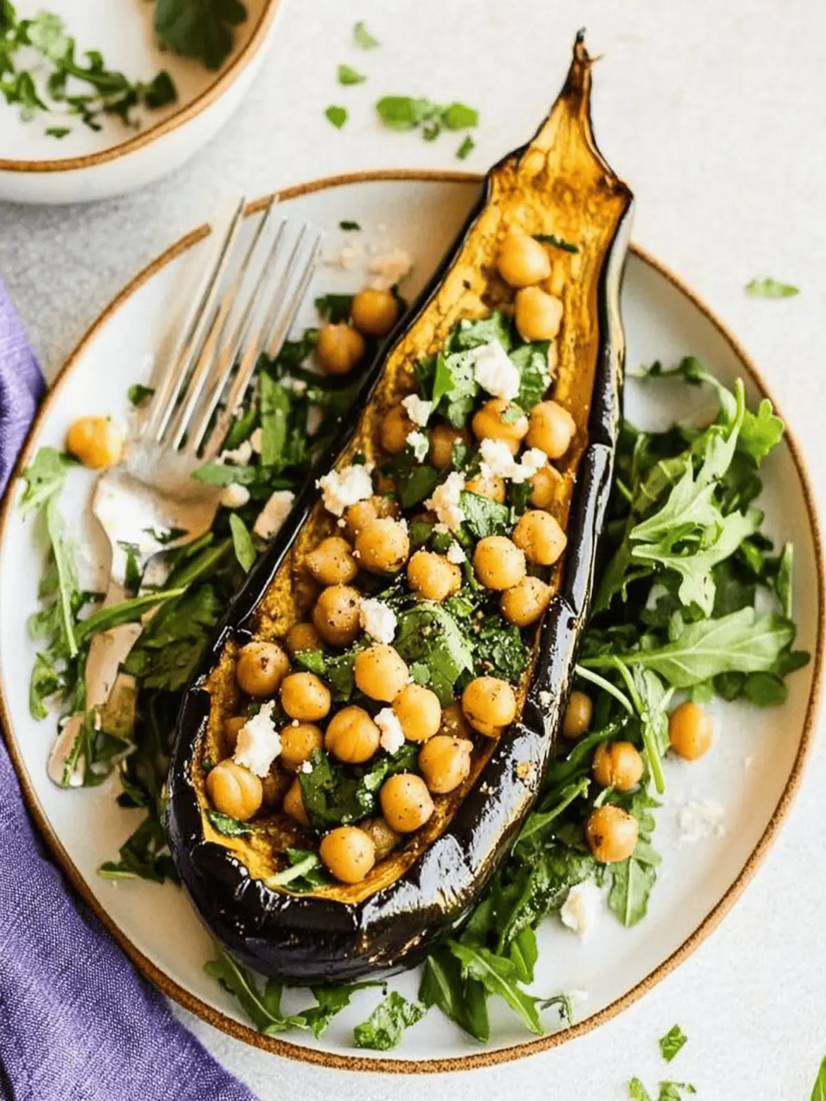 Roasted Eggplant with Crispy Chickpea Arugula Salad