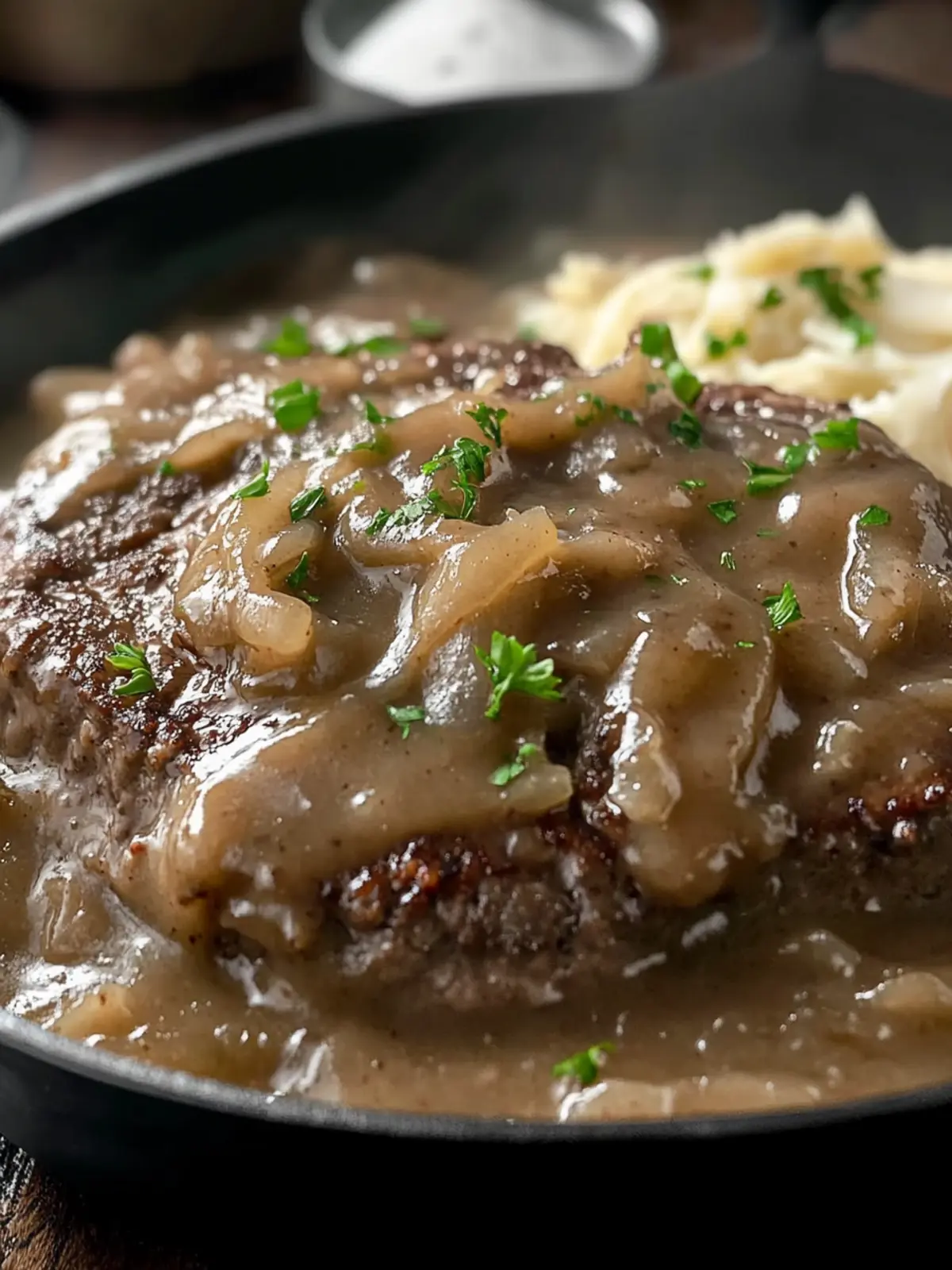 Savory Hamburger Steak with Onions and Gravy Magic 3 hamburger steak with onions and gravy