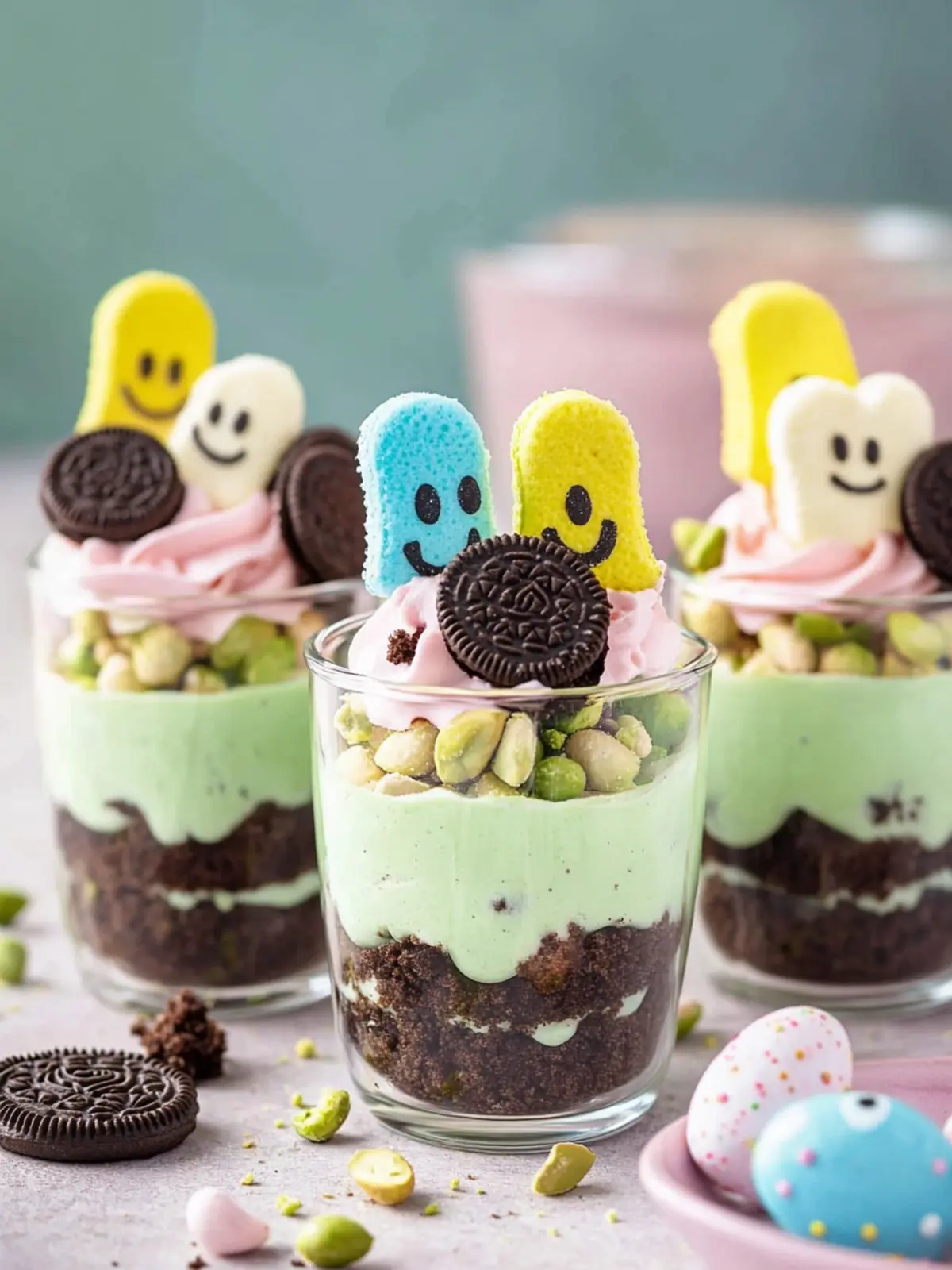 Easy Easter Pistachio Pudding Dirt Cups with Oreos and Peeps 3 Easy Easter Pistachio Pudding Dirt Cups With Oreos And Peeps