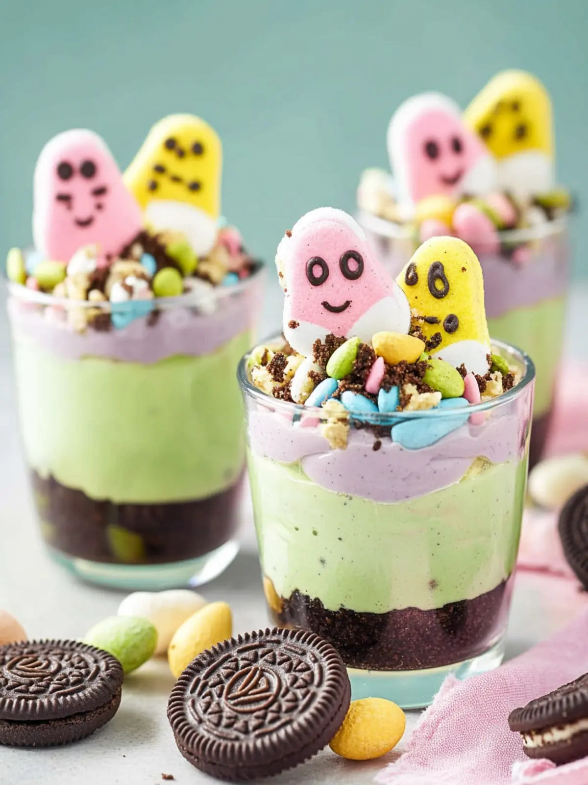 Easy Easter Pistachio Pudding Dirt Cups with Oreos and Peeps 4 Easy Easter Pistachio Pudding Dirt Cups With Oreos And Peeps
