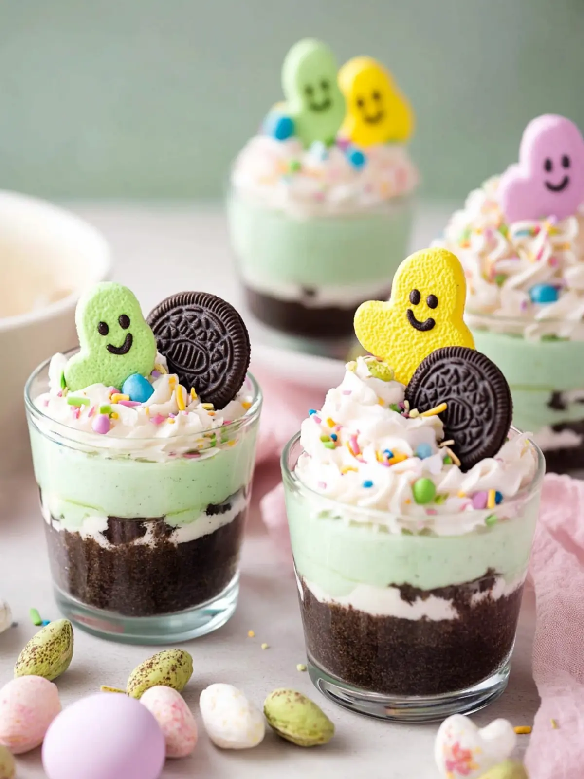 Easy Easter Pistachio Pudding Dirt Cups with Oreos and Peeps 2 Easy Easter Pistachio Pudding Dirt Cups With Oreos And Peeps