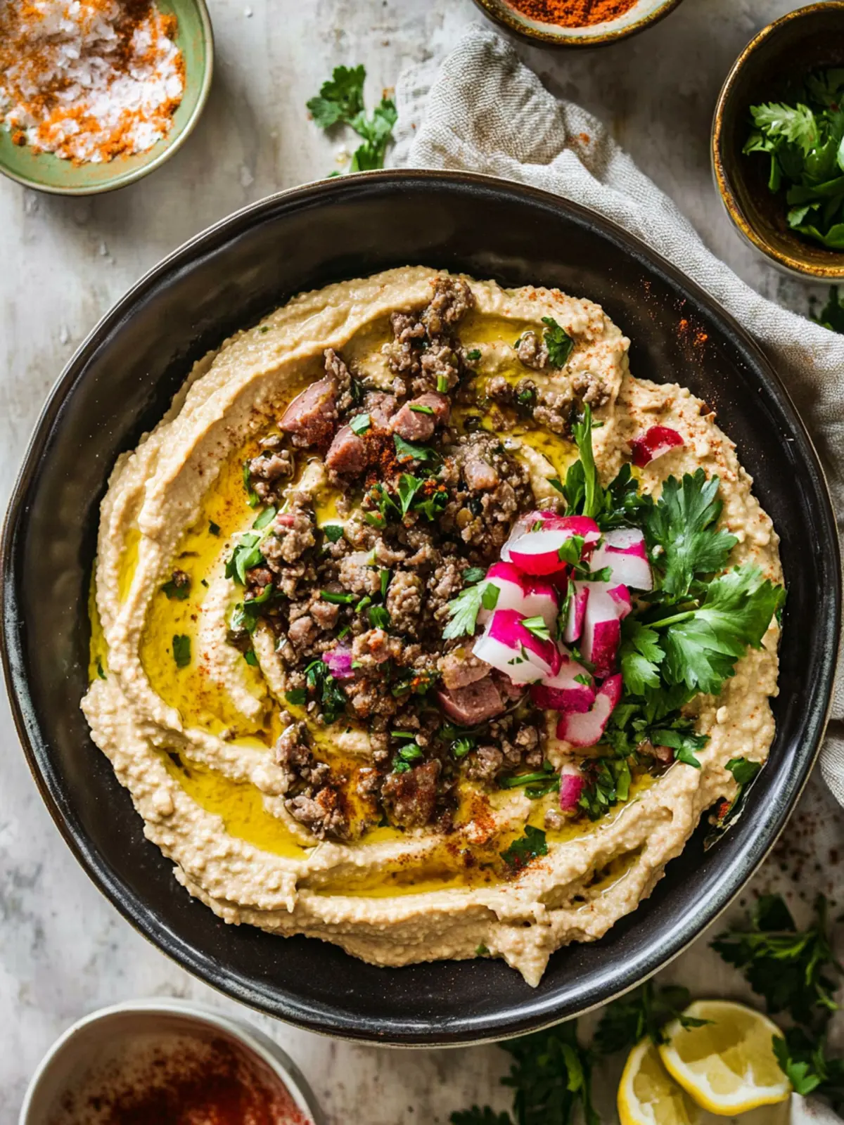 Zesty Hummus with Meat and Lemon Pickled Onions Delight 4 Hummus with Meat