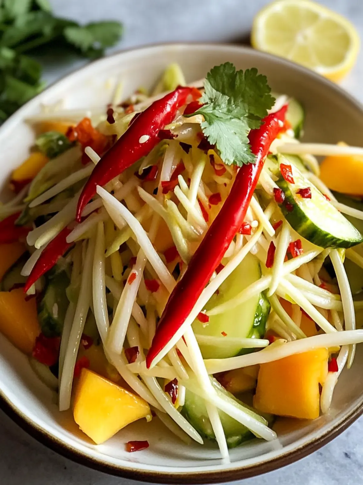 Fresh Thai Mango Green Papaya Salad with Zesty Chili Lime Dressing 2 Fresh Thai Mango Green Papaya Salad with Chili Lime Dressing