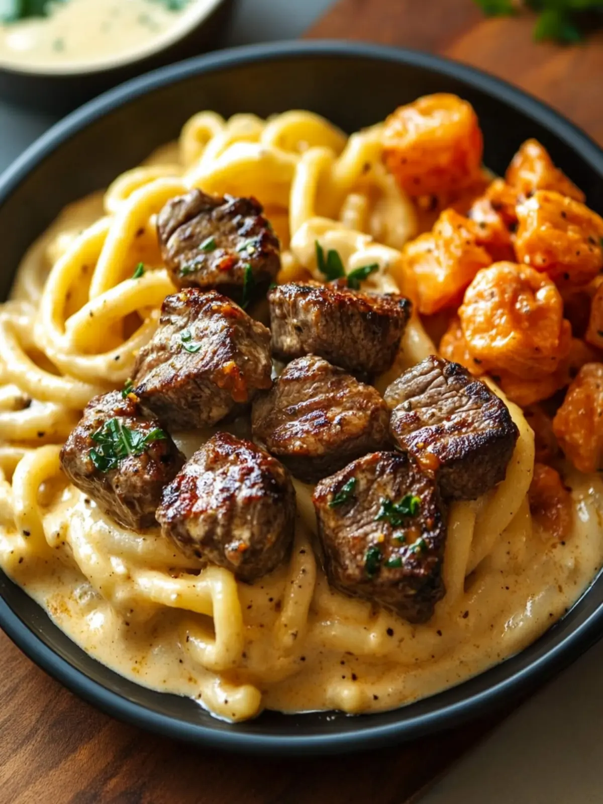 Creamy Garlic Butter Steak Bites with Spicy Cajun Alfredo Pasta 2 Creamy Garlic Butter Steak Bites with Spicy Cajun Alfredo Twisted Pasta